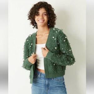 Mighty Fine Green Textured Cardigan with Pearl Accents